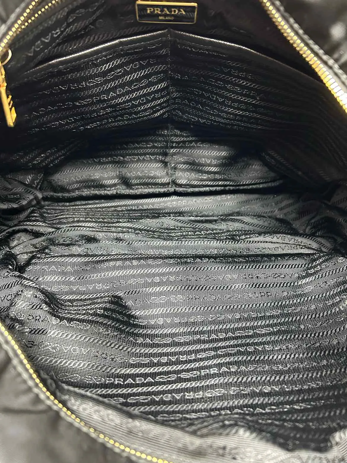 Prada Baby Bag Re-Nylon Tessuto Black Gold Duffle Satchel Bag