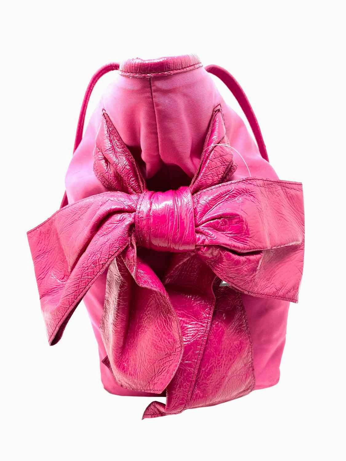 Prada Tessuto Jacquard Nylon Patent Leather Bow Pink Logo Tote