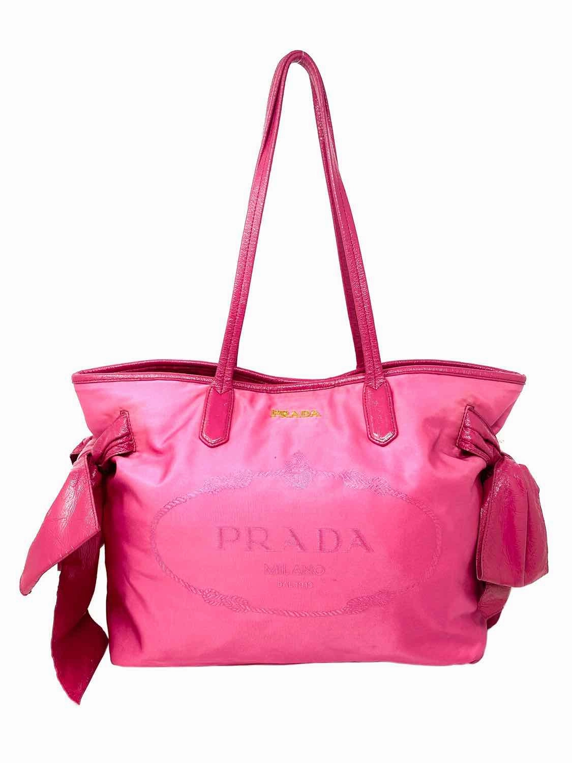 Prada Tessuto Jacquard Nylon Patent Leather Bow Pink Logo Tote