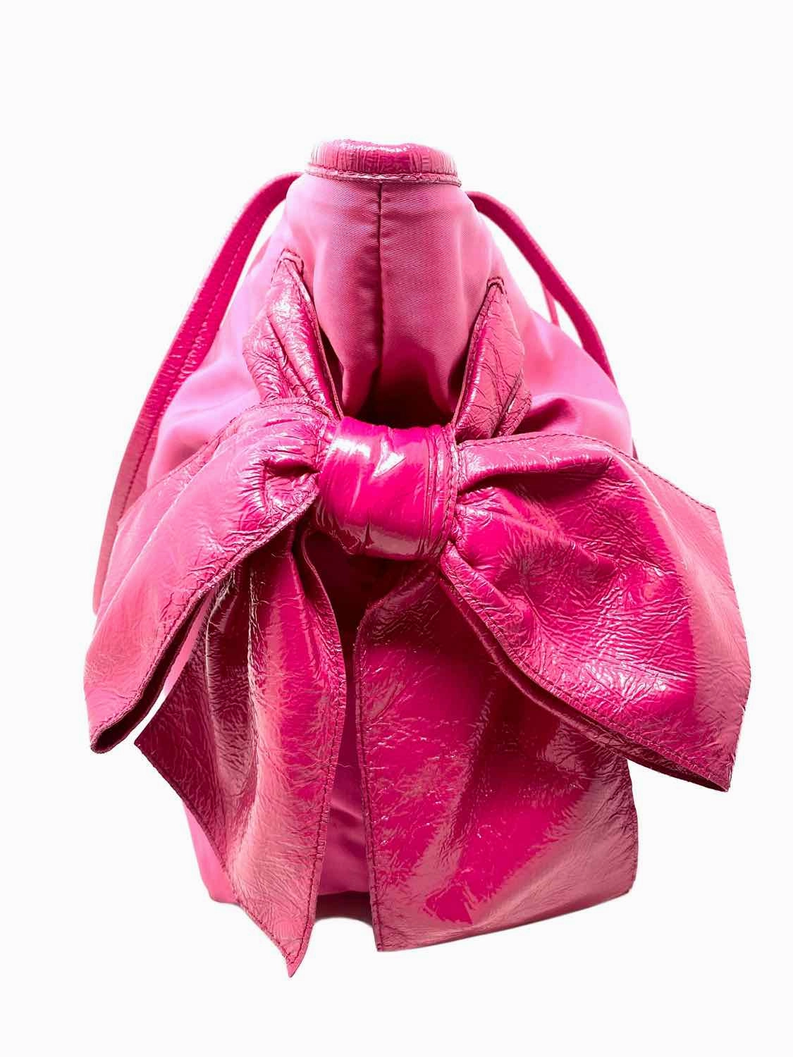 Prada Tessuto Jacquard Nylon Patent Leather Bow Pink Logo Tote
