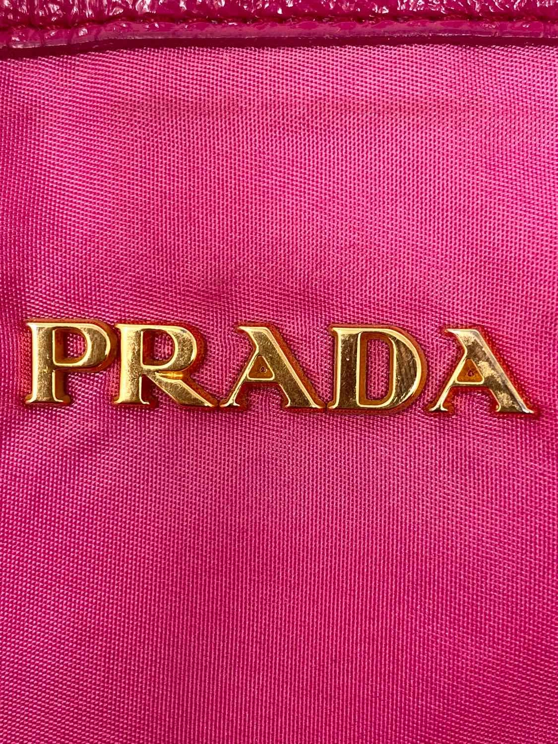 Prada Tessuto Jacquard Nylon Patent Leather Bow Pink Logo Tote