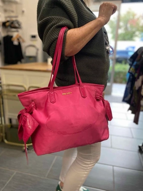 Prada Tessuto Jacquard Nylon Patent Leather Bow Pink Logo Tote
