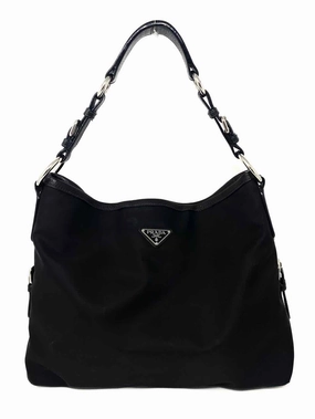 Prada tessuto nylon Black Pebbled Leather Shoulder Bag