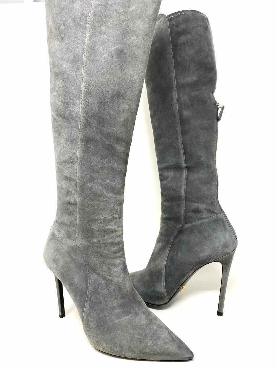 Prada Women's Gray Knee High Suede Stiletto Luxury Size 40/9 Boots
