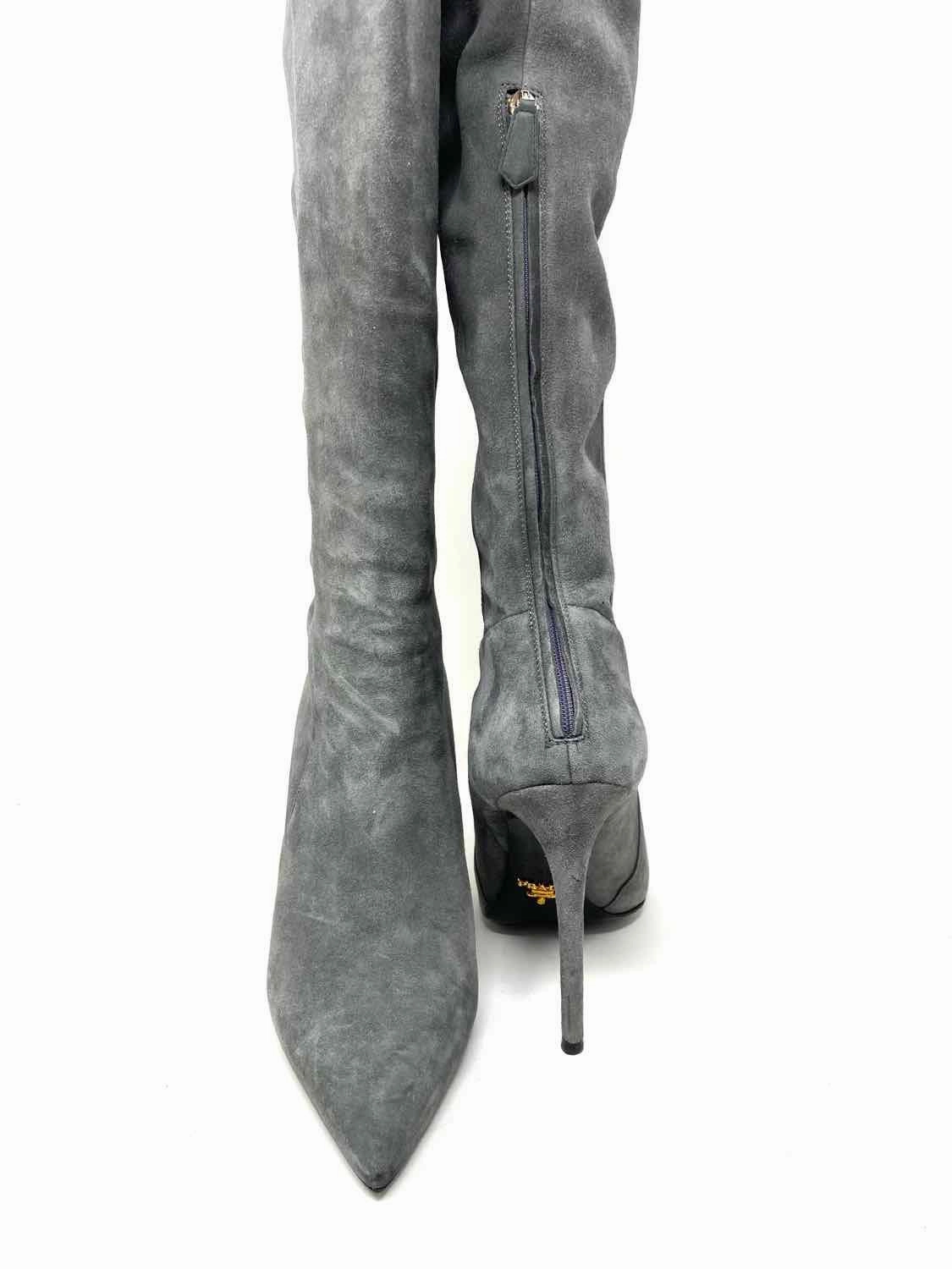 Prada Women's Gray Knee High Suede Stiletto Luxury Size 40/9 Boots