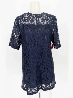 Prada Women's Navy Blouse Silk Blend Lace Italy Size 40/4 Short Sleeve Top